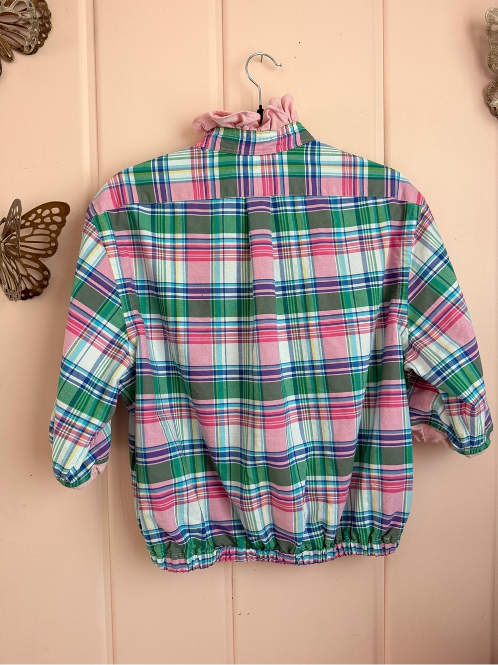 Ralph Lauren upcycled Pink Green Blue Plaid Ruffle-Collar Button-Front Top - Picture 5 of 5